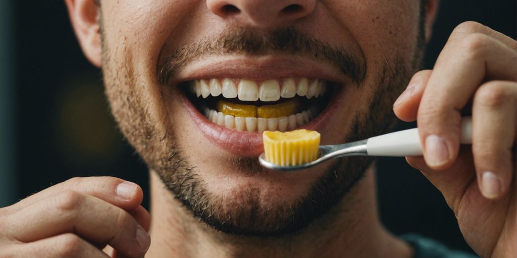 Close-up of a person brushing their teeth, showing yellow discoloration despite regular brushing.