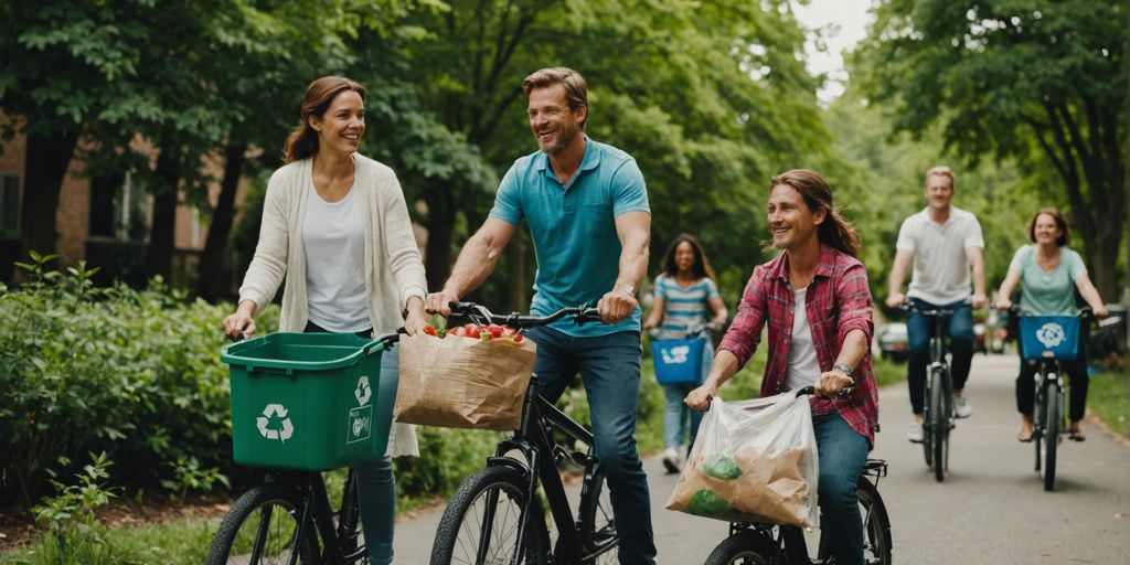 Family practicing sustainable living: recycling, using reusable bags, and biking.